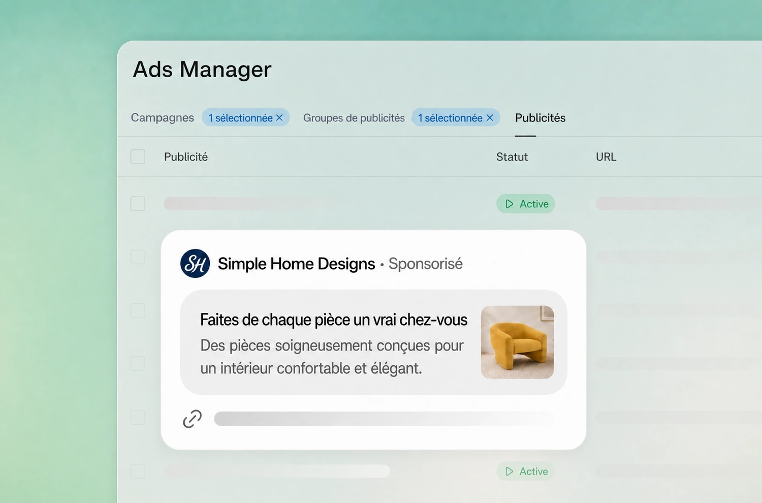 Ads Manager de ChatGPT Ads : la table des publicités d'un groupe d'annonces, avec l'aperçu d'une annonce sponsorisée.
